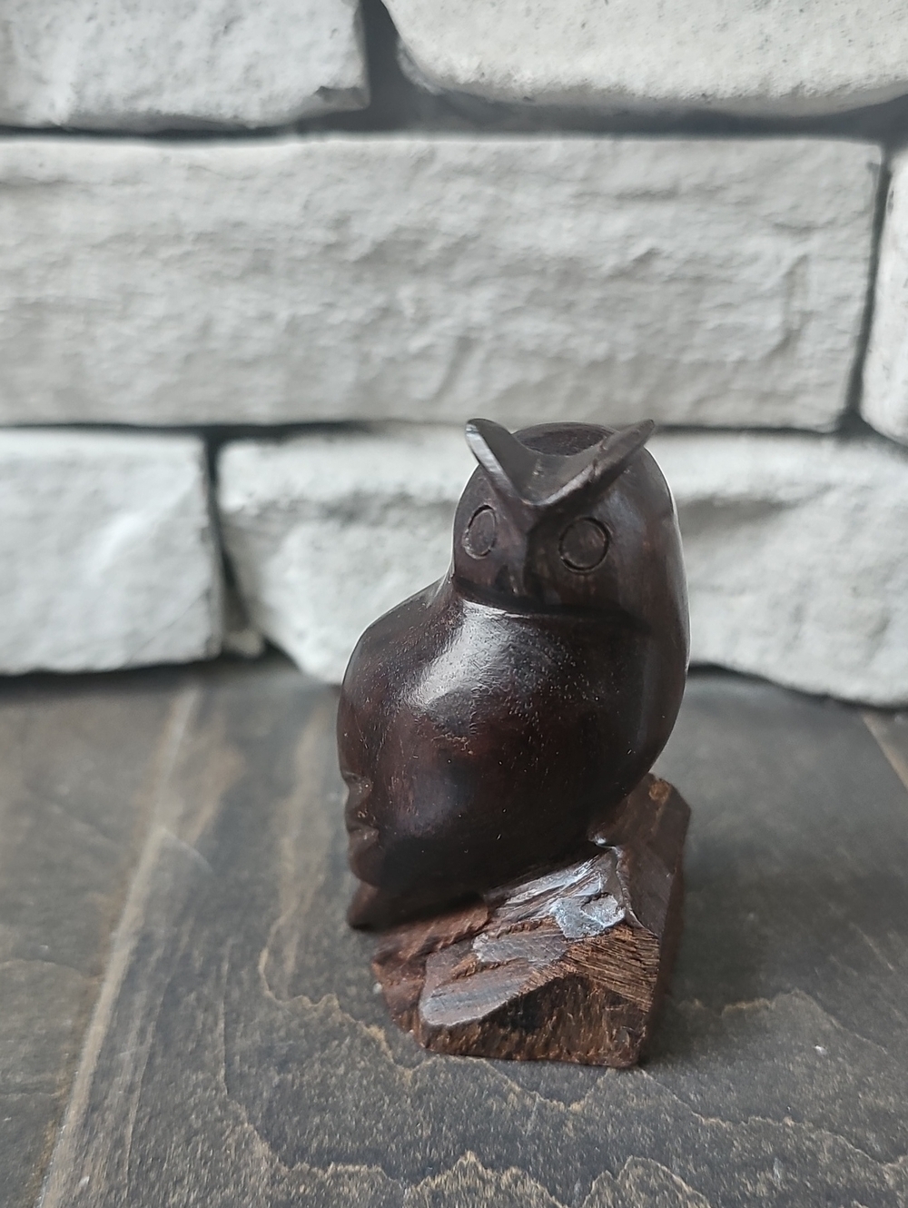 Vintage RARE Hand-Carved Wooden Owl Figurine - Rich Dark Brown